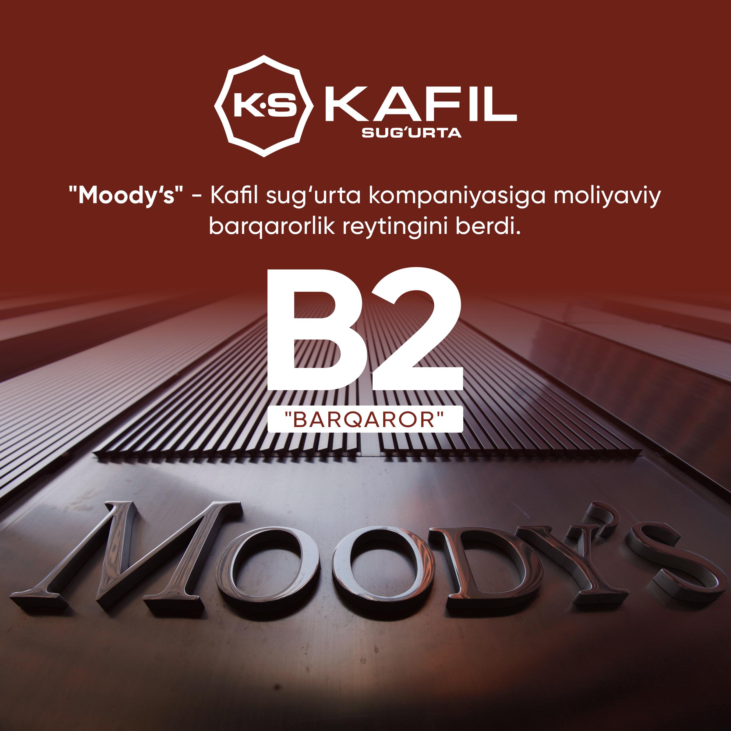 Международное рейтинговое агентство «Moody’s Investors Service» впервые присвоил международный рейтинг, страховой компании «KAFIL SUG`URTA» о финансовой устойчивости страховщика, в национальной и иностранной валюте на уровне «B2» с прогнозом «Стабильный».
